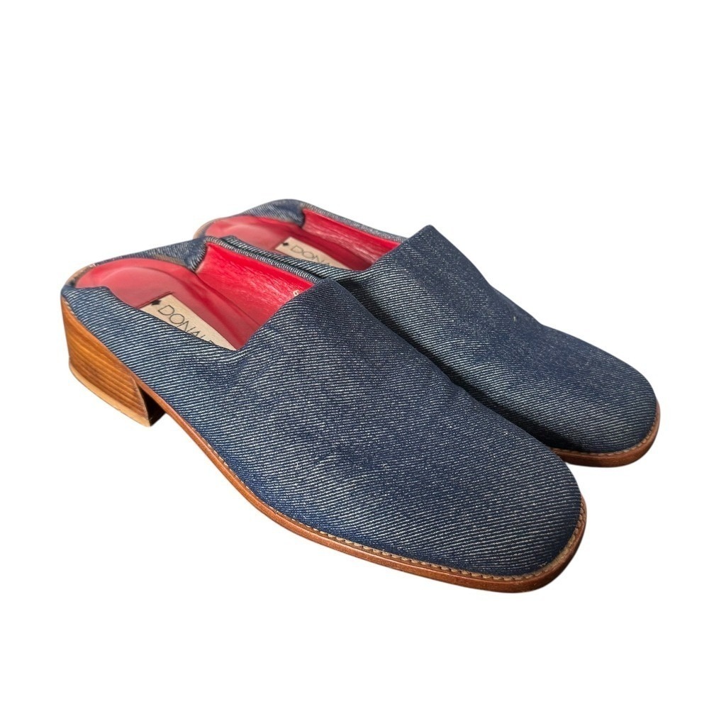 Donald J Pliner Stacked Chunky Heel Denim Mule Shoes Women's 6 Slides Square Toe